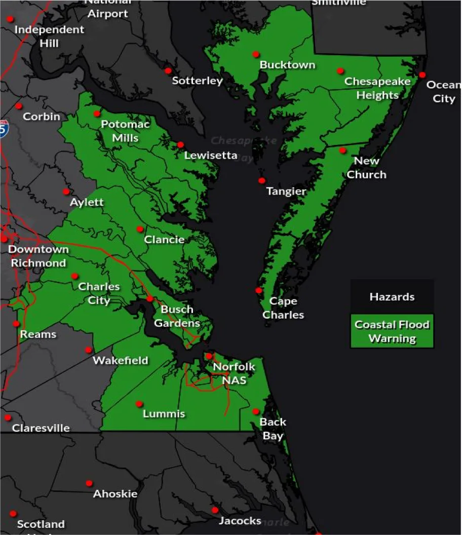 Coastal flood warning from the National Weather Service (https://www.weather.gov/)