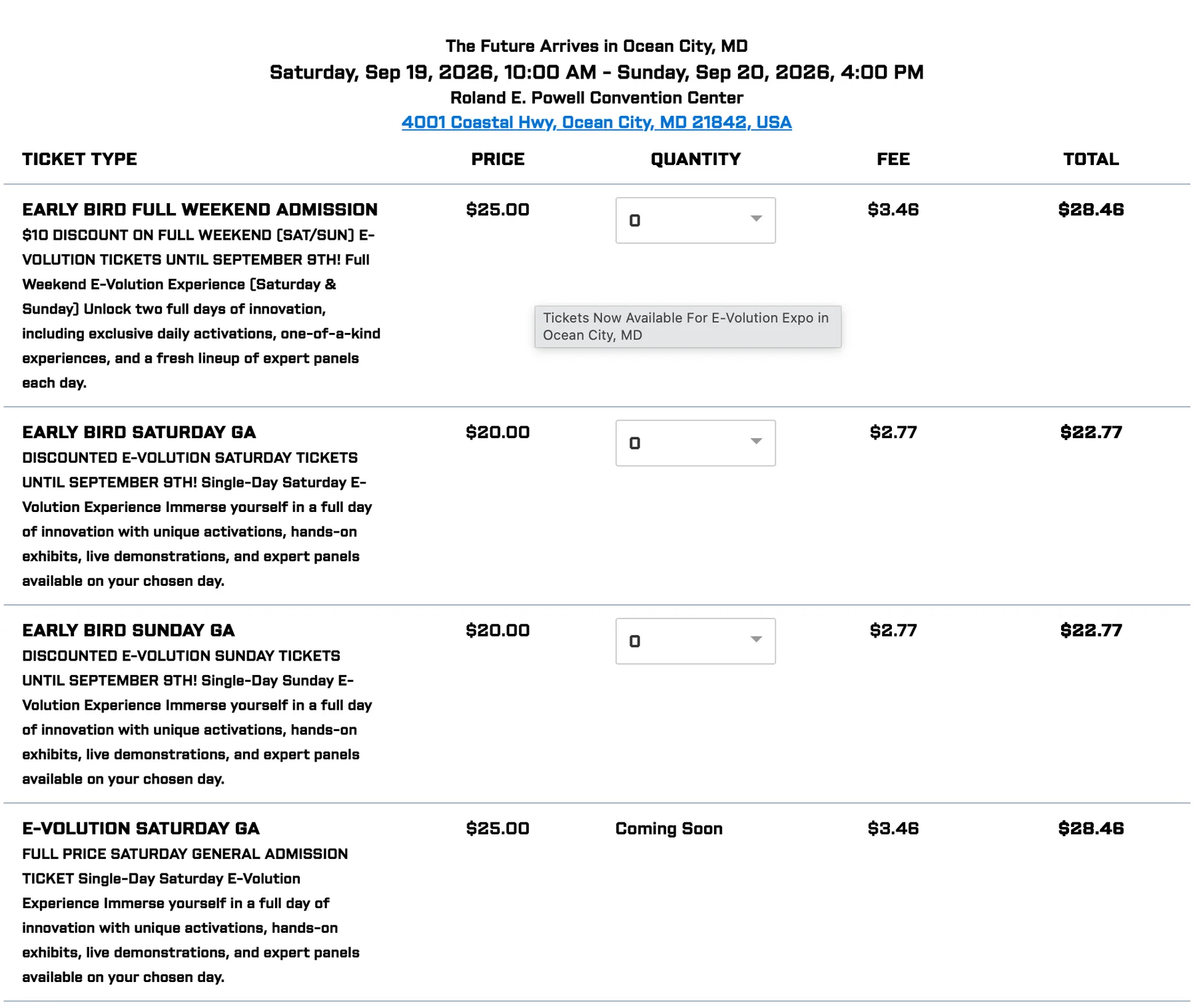 Pricing for E-volution Expo