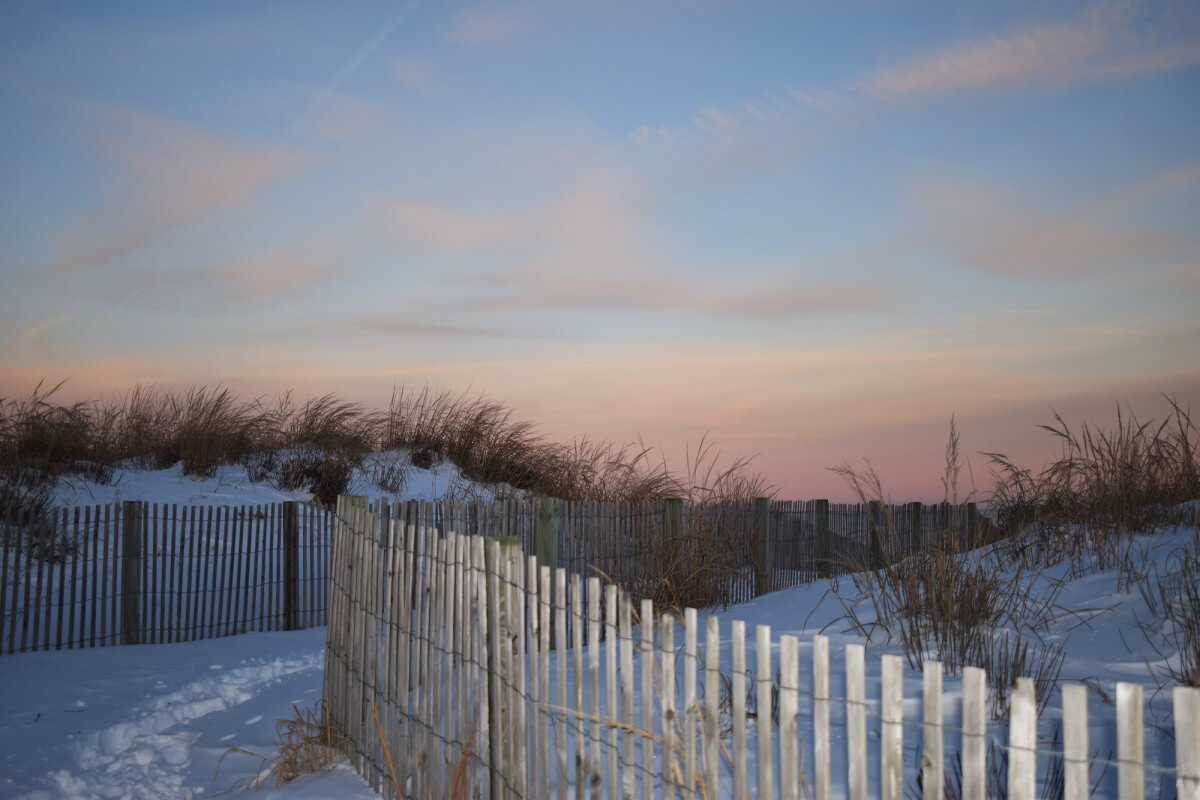 Snow beach sunset