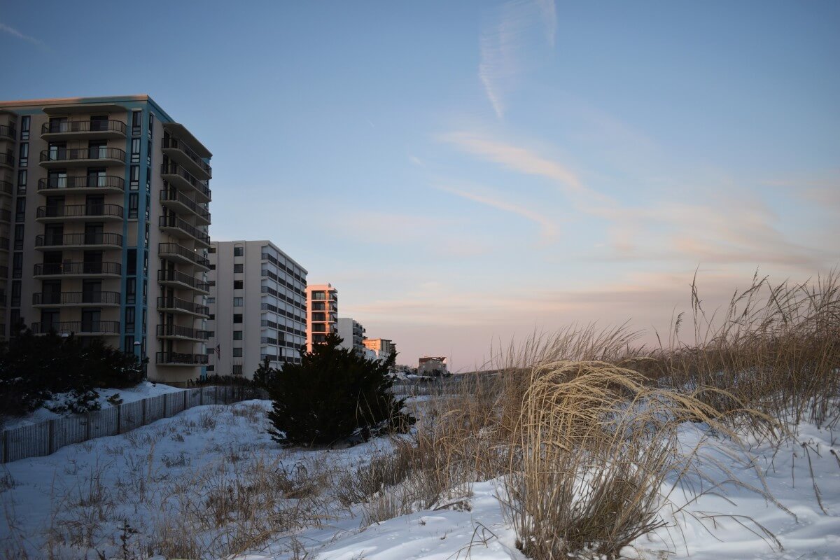 Snow beach sunset