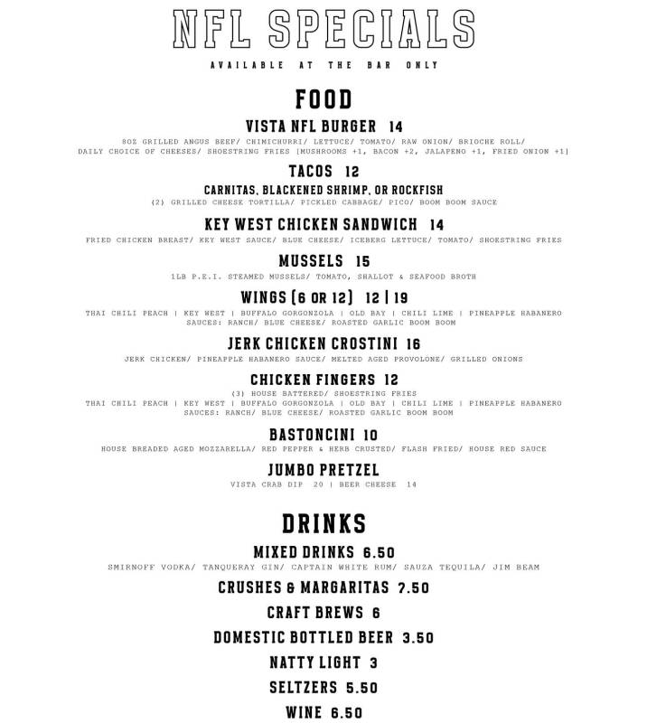 Vista Rooftop NFL specials