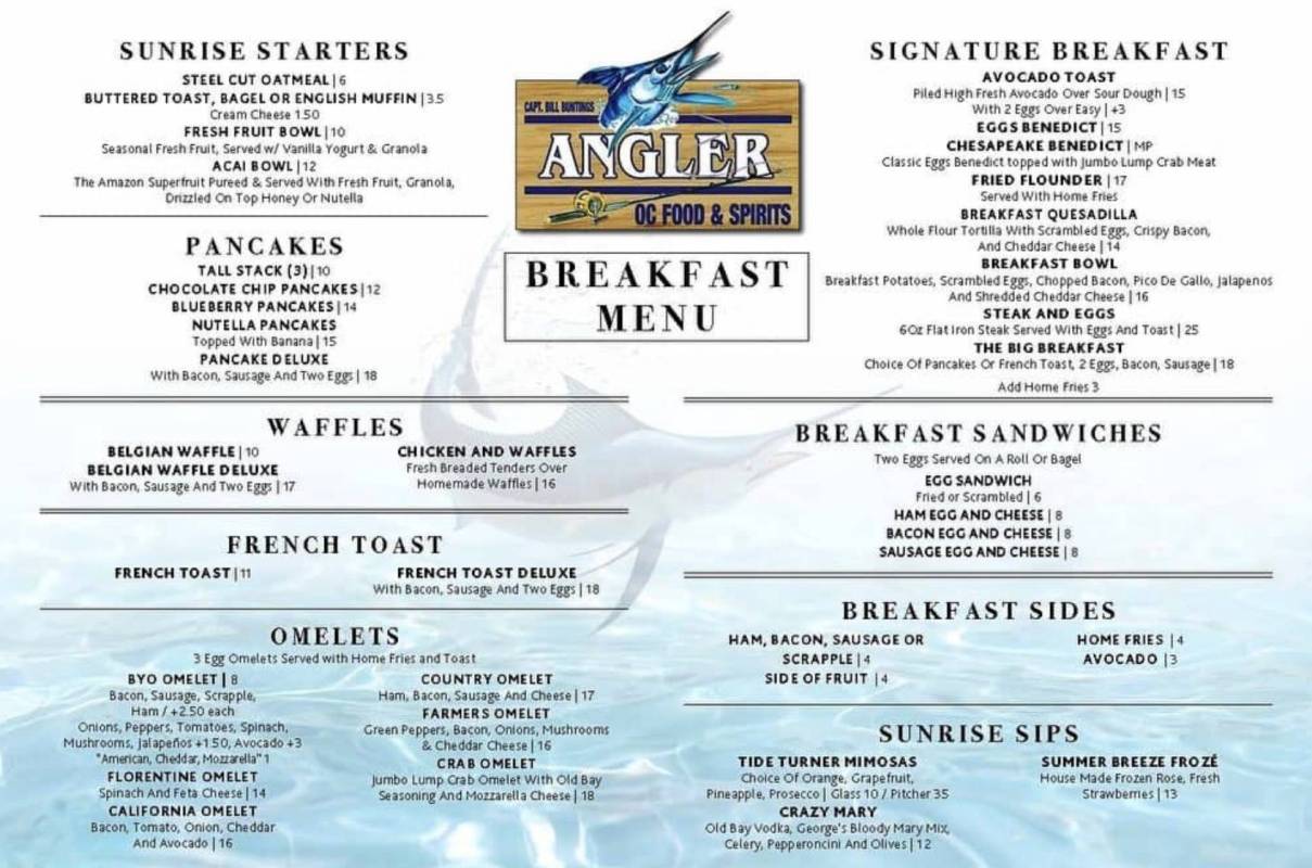 Breakfast menu at the Angler Bar and Grill