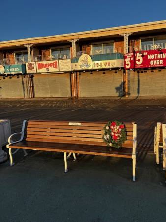 Decorated boardwalk bench