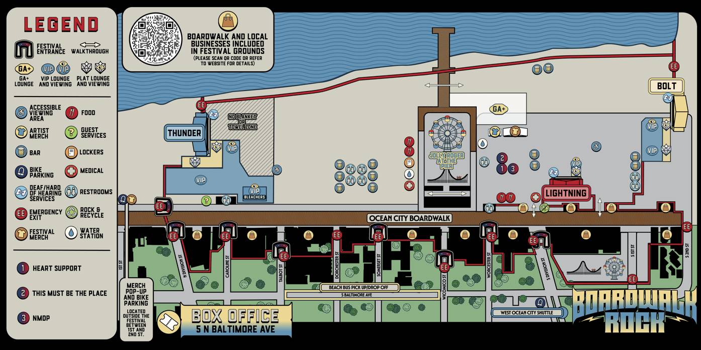 2025 Boardwalk Rock Festival Grounds Map with locations for stages, amenities, and entrances