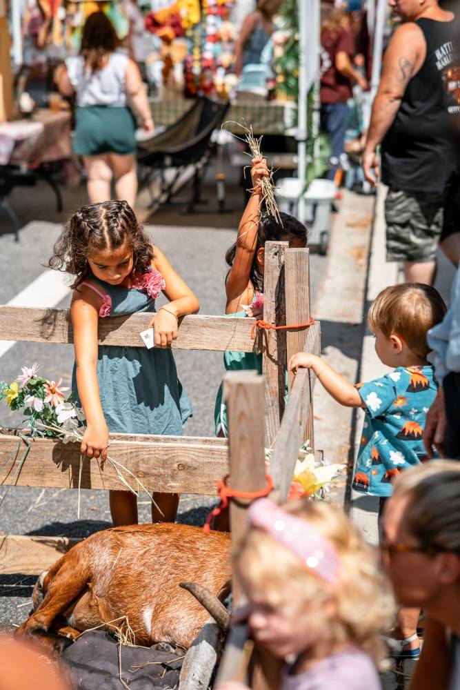 Two young girls and a toddler stand at a wooden pen with a pig lying on hay, while a crowded fair heats up in the background.