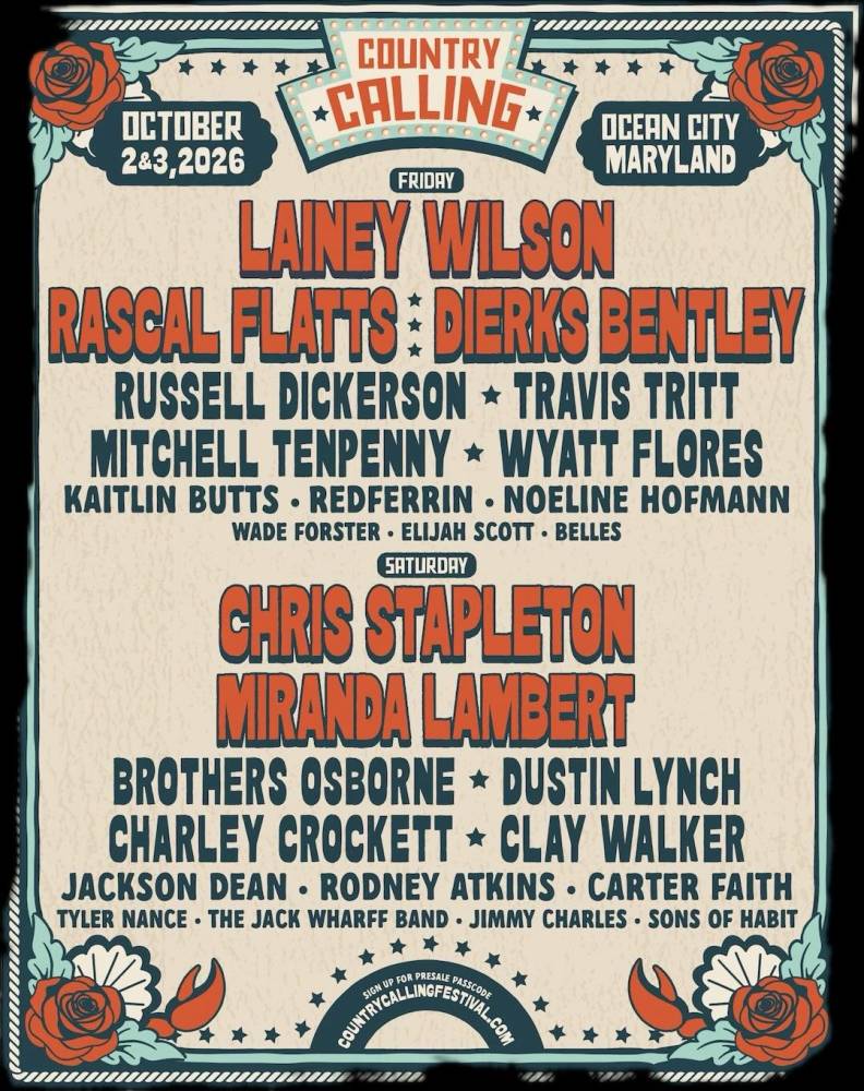 Poster for the Country Calling festival featuring headliners Lainey Wilson, Rascal Flatts, Dierks Bentley, Chris Stapleton, and Miranda Lambert; October 2–3, 2026 in Ocean City, Maryland; decorative teal and orange floral border.